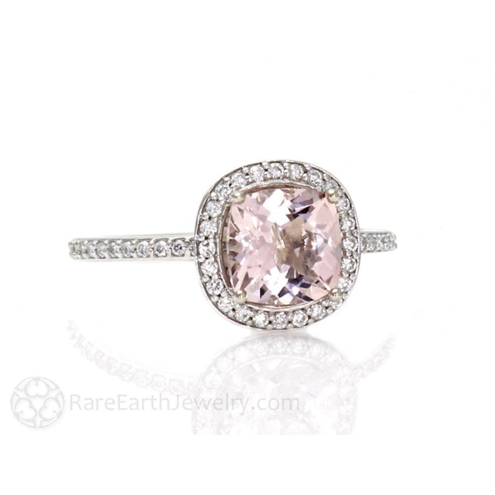 Cushion Cut Morganite Engagement Ring | Gold or Platinum Diamond Halo, Rare Earth Jewelry