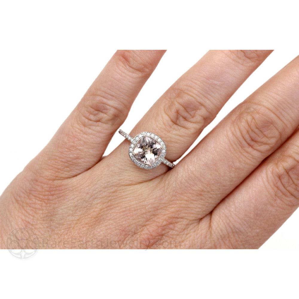 Cushion Cut Morganite Engagement Ring | Gold or Platinum Diamond Halo, Rare Earth Jewelry