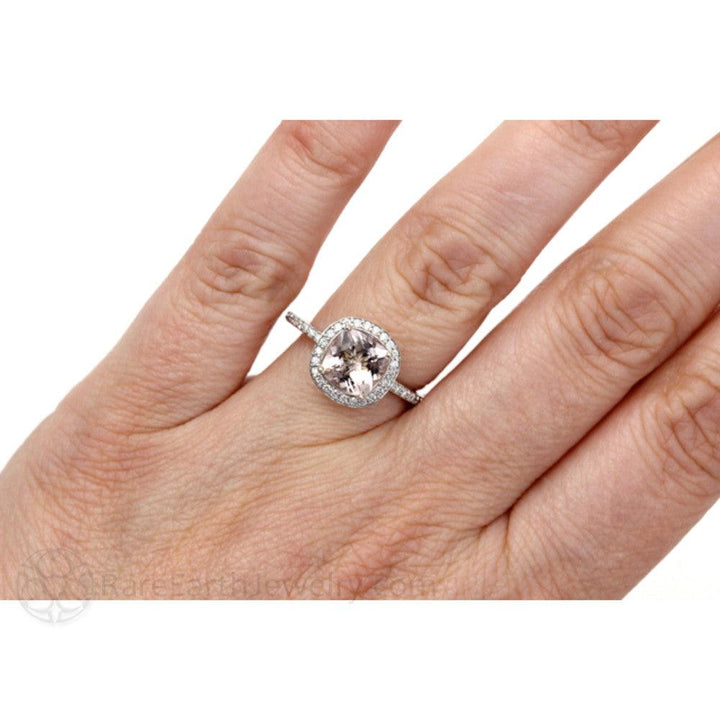 Cushion Cut Morganite Engagement Ring | Gold or Platinum Diamond Halo, Rare Earth Jewelry