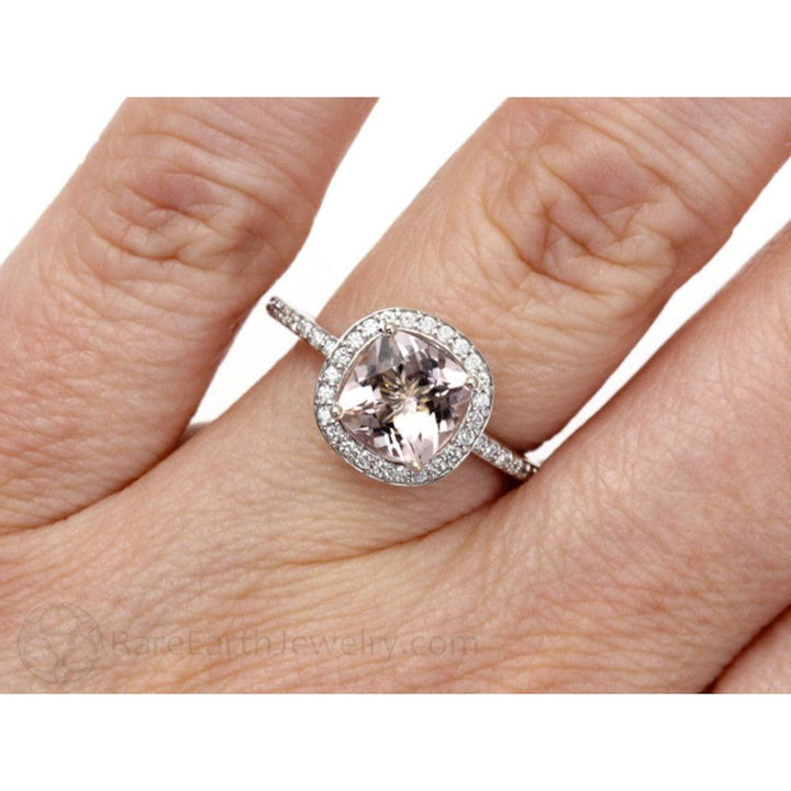 Cushion Cut Morganite Engagement Ring | Gold or Platinum Diamond Halo, Rare Earth Jewelry