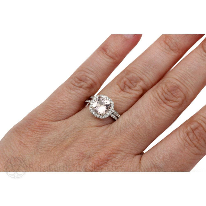 Cushion Cut Morganite Engagement Ring | Gold or Platinum Diamond Halo, Rare Earth Jewelry