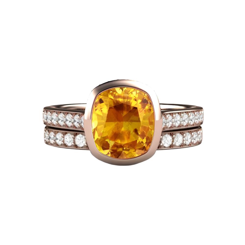 Yellow Sapphire Engagement Ring Cushion Cut Bezel Setting with Diamonds, Rare Earth Jewelry