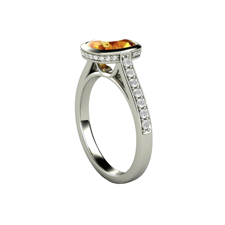 Yellow Sapphire Engagement Ring Cushion Cut Bezel Setting with Diamonds, Rare Earth Jewelry