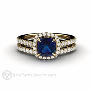 Dainty Pave Diamond Halo Alexandrite Engagement Ring Cushion Cut 14K Yellow Gold - Wedding Set - Rare Earth Jewelry