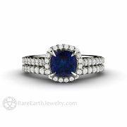 Dainty Pave Diamond Halo Alexandrite Engagement Ring Cushion Cut 14K White Gold - Wedding Set - Rare Earth Jewelry