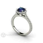 Dainty Pave Diamond Halo Alexandrite Engagement Ring Cushion Cut 18K White Gold - Engagement Only - Rare Earth Jewelry