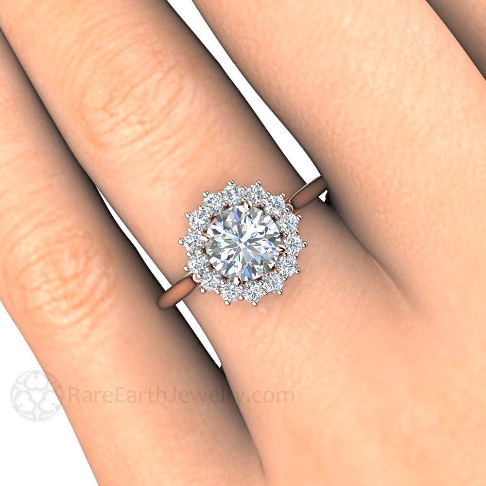 Diamond Engagement Ring 1ct Round Cluster with Halo, Rare Earth Jewelry