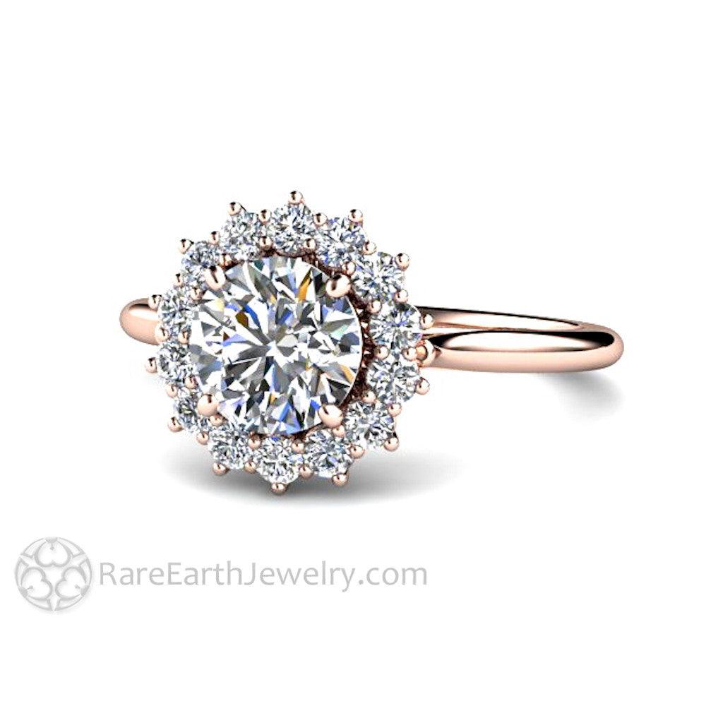 Diamond Engagement Ring 1ct Round Cluster with Halo, Rare Earth Jewelry