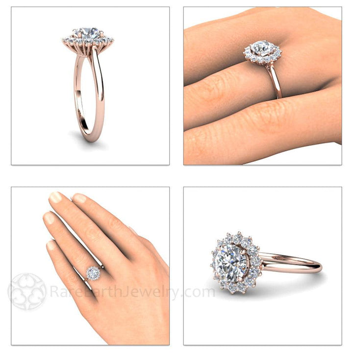 Diamond Engagement Ring 1ct Round Cluster with Halo, Rare Earth Jewelry