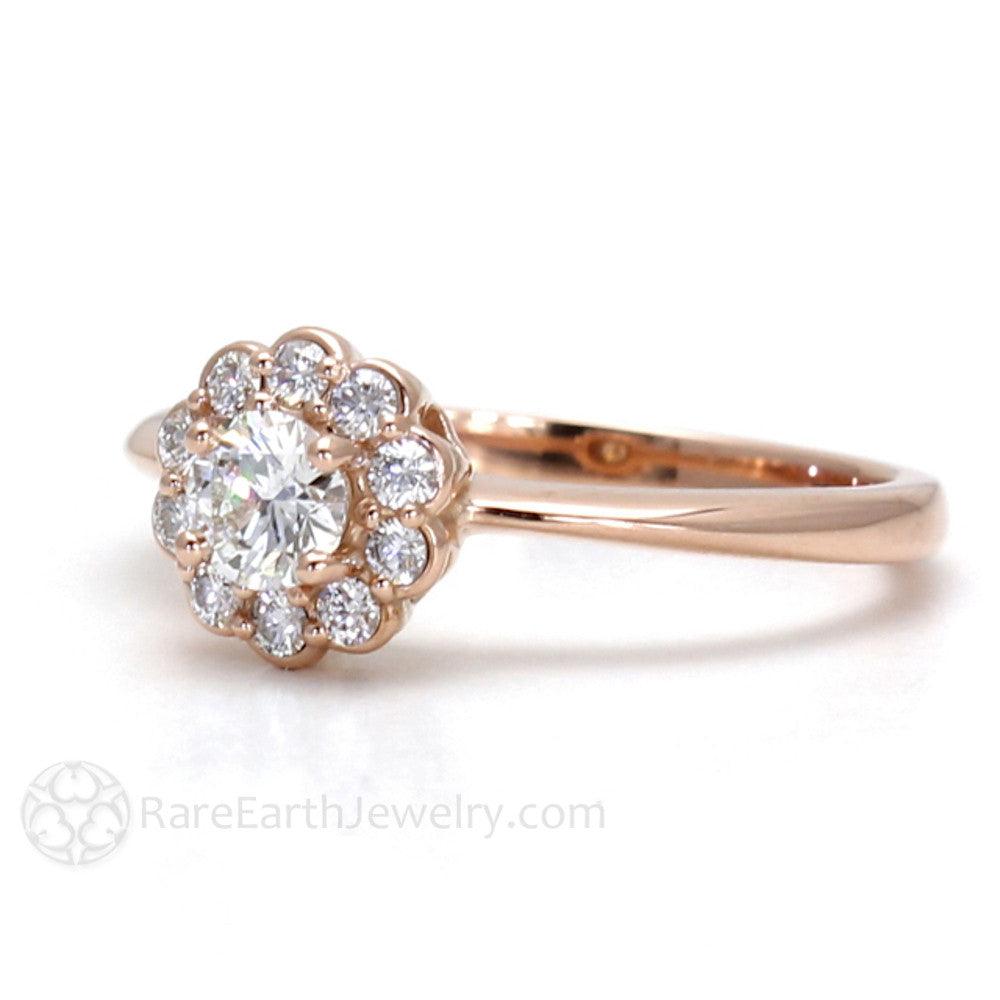 Diamond Engagement Ring Flower Shaped Halo, Rare Earth Jewelry