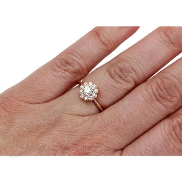 Diamond Engagement Ring Flower Shaped Halo, Rare Earth Jewelry