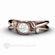 Diamond Engagement Ring Round Bezel Set Diamond Ring with Leaf Design Platinum - Rare Earth Jewelry