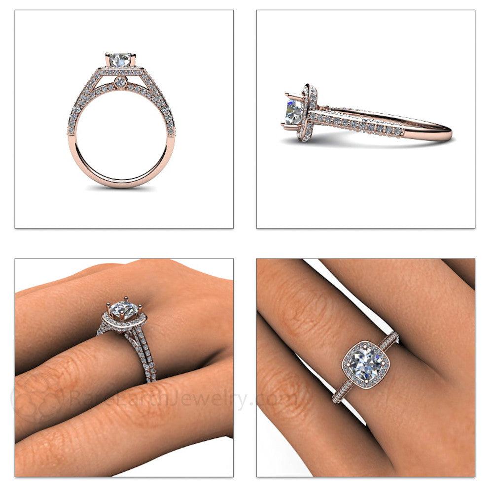 Diamond Halo Engagement Ring Cathedral Setting with Hidden Diamond, Rare Earth Jewelry