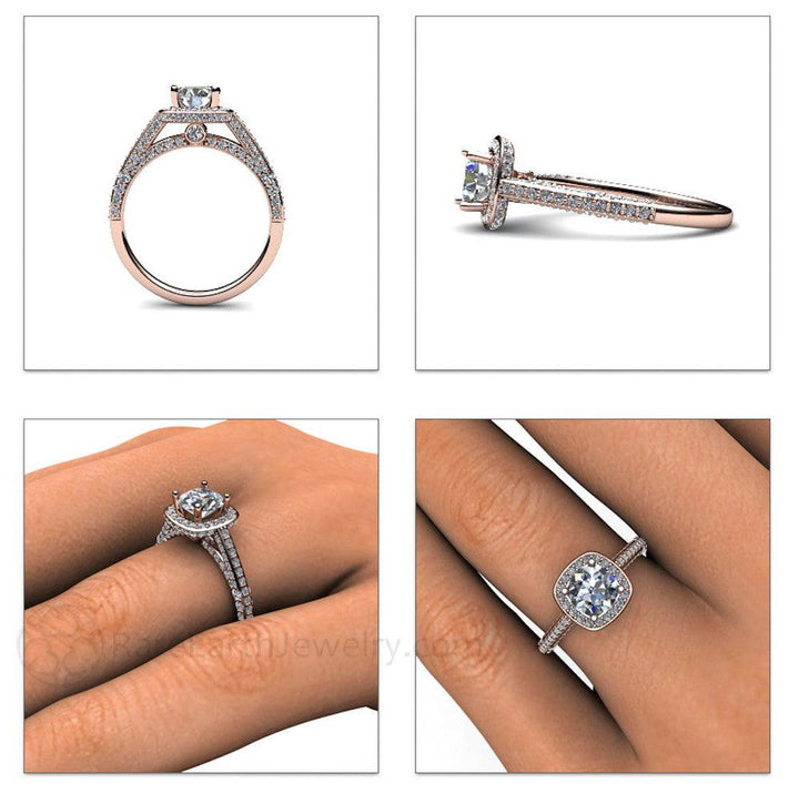 Diamond Halo Engagement Ring Cathedral Setting with Hidden Diamond, Rare Earth Jewelry