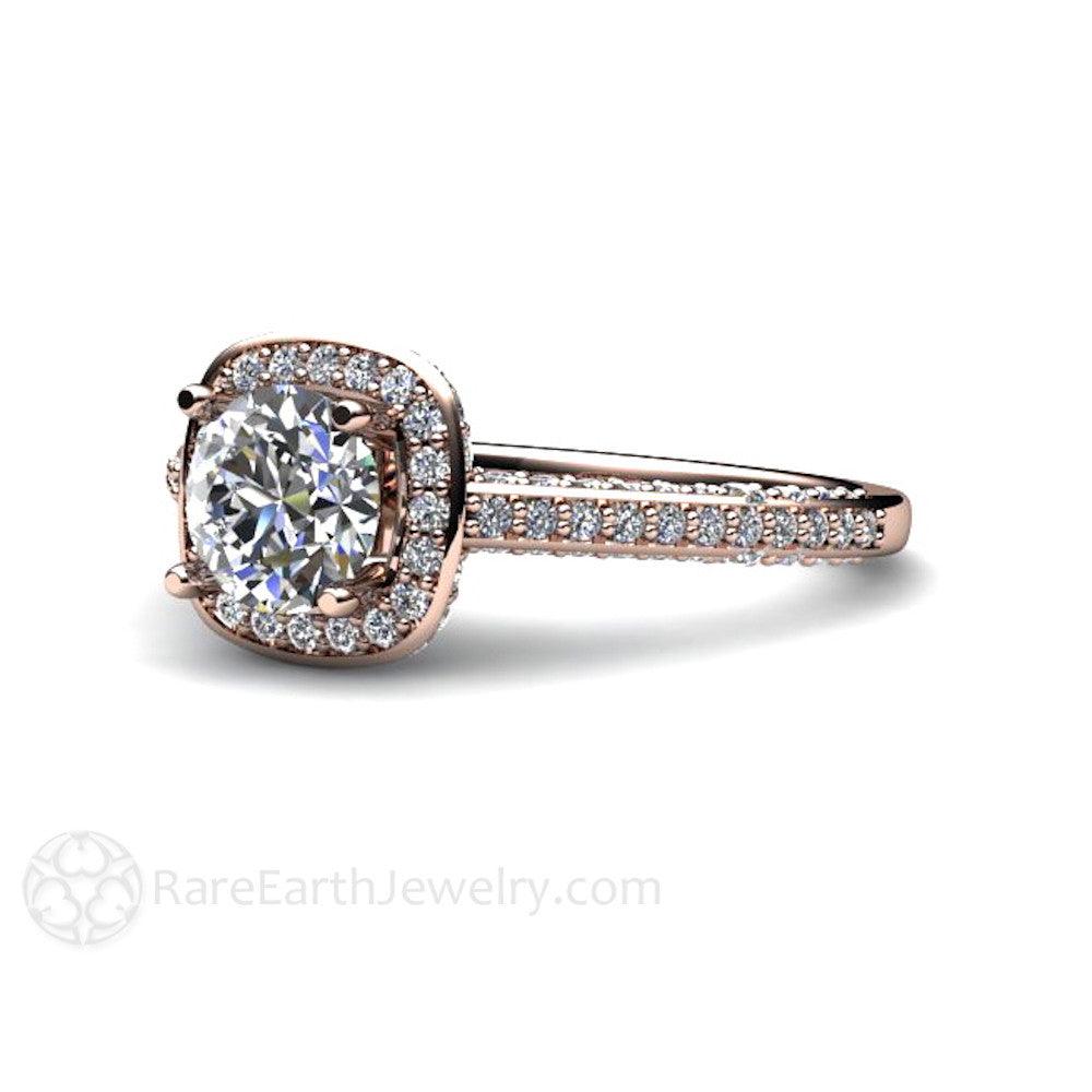 Diamond Halo Engagement Ring Cathedral Setting with Hidden Diamond, Rare Earth Jewelry