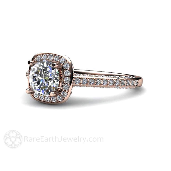 Diamond Halo Engagement Ring Cathedral Setting with Hidden Diamond, Rare Earth Jewelry