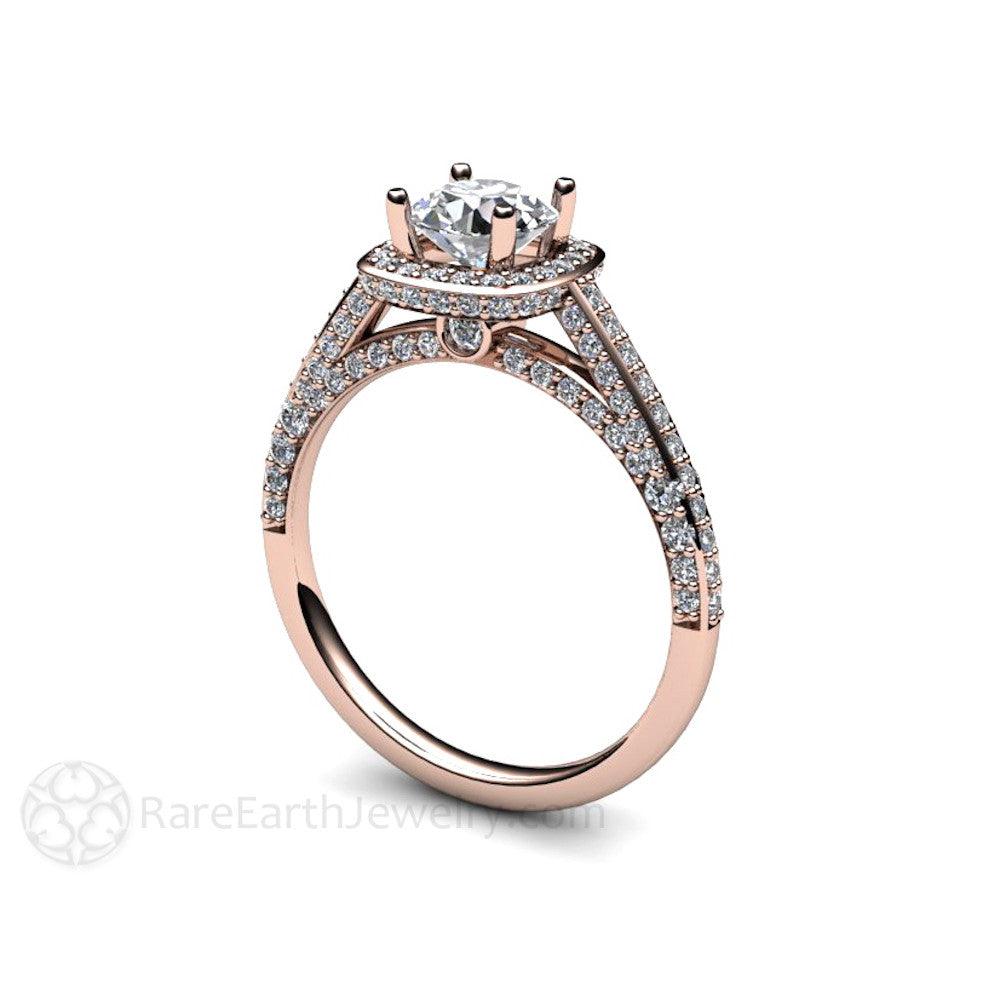 Diamond Halo Engagement Ring Cathedral Setting with Hidden Diamond, Rare Earth Jewelry