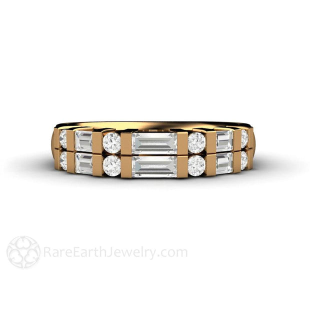Double Baguette Diamond Wedding Ring or Anniversary Band 18K Yellow Gold - Rare Earth Jewelry