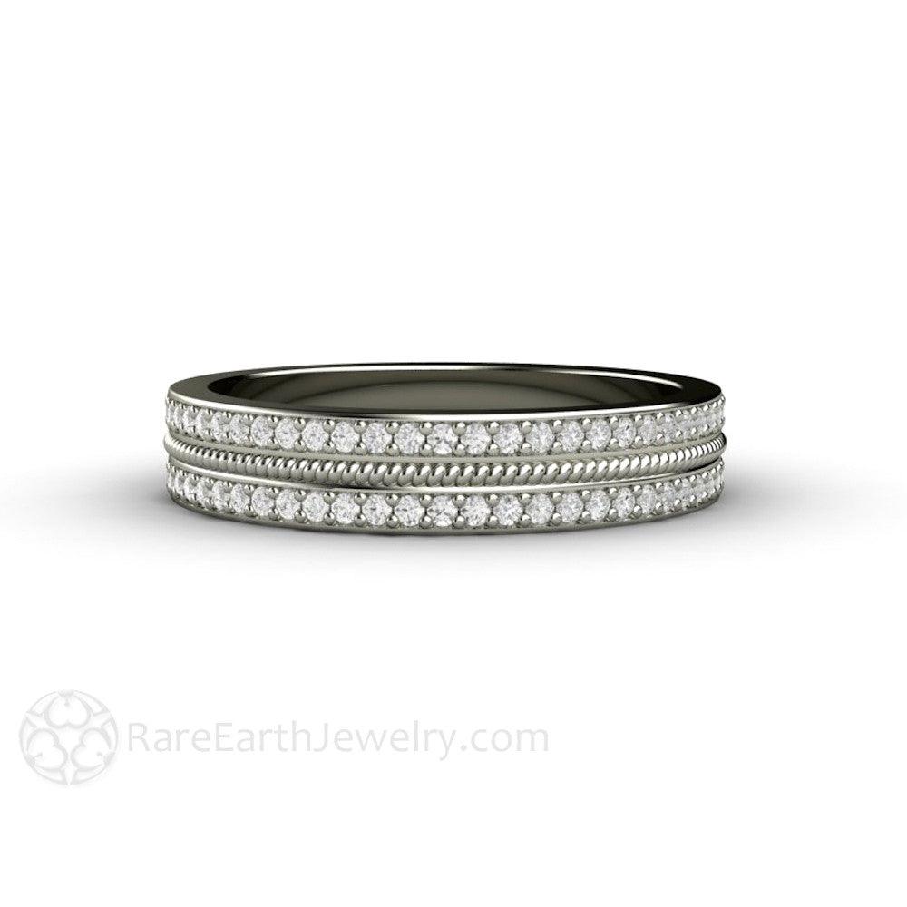 Double Diamond Wedding Band | Two Rows of Pave Set Diamonds 4mm Width, Rare Earth Jewelry