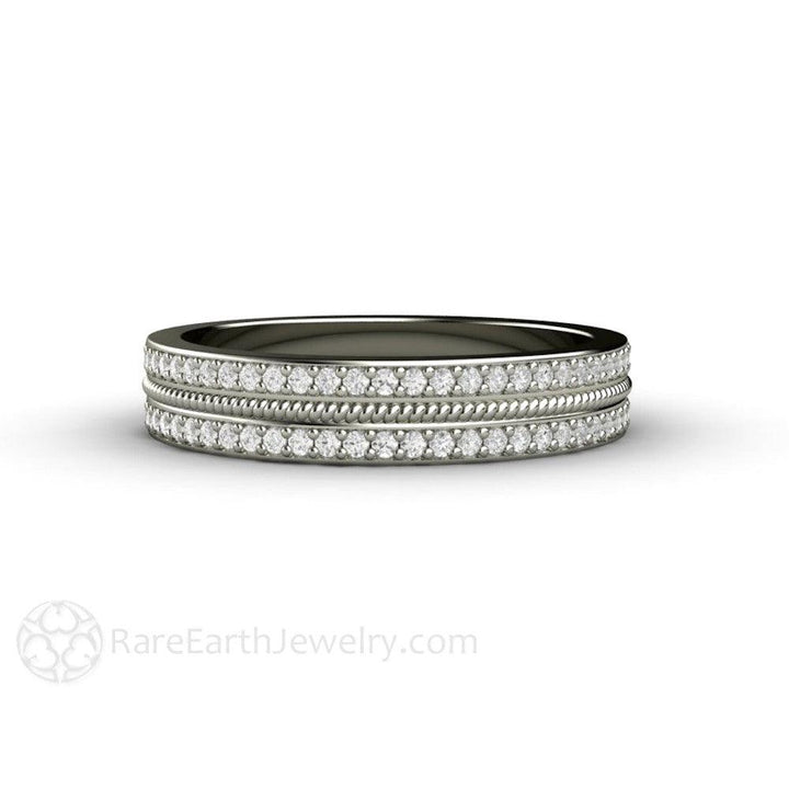 Double Diamond Wedding Band | Two Rows of Pave Set Diamonds 4mm Width, Rare Earth Jewelry