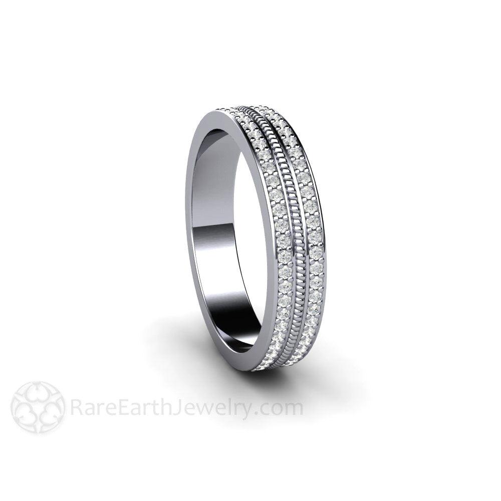 Double Diamond Wedding Band | Two Rows of Pave Set Diamonds 4mm Width, Rare Earth Jewelry