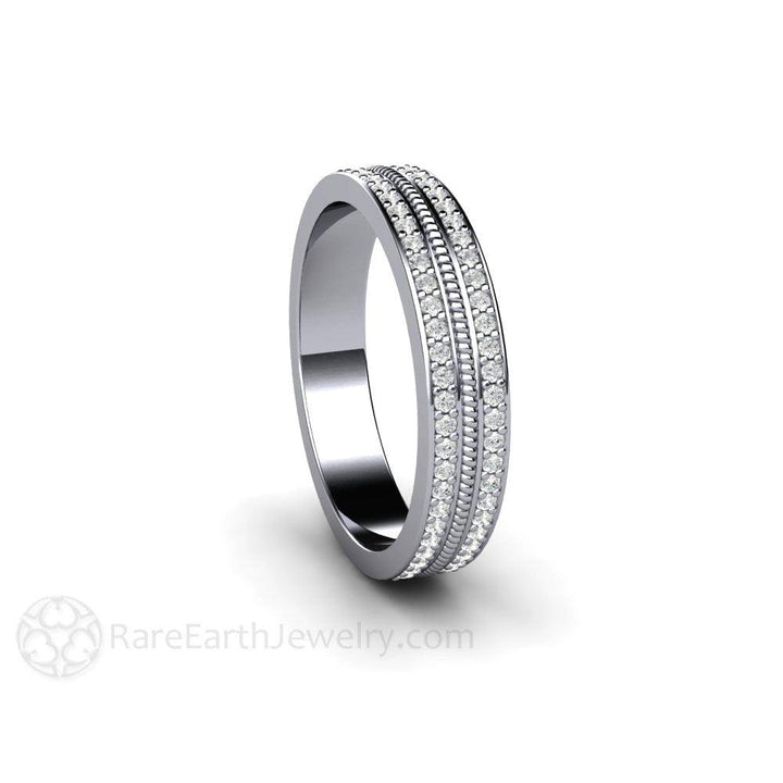 Double Diamond Wedding Band | Two Rows of Pave Set Diamonds 4mm Width, Rare Earth Jewelry