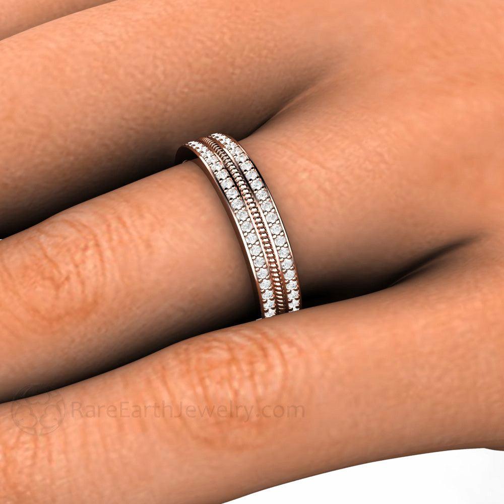 Double Diamond Wedding Band | Two Rows of Pave Set Diamonds 4mm Width, Rare Earth Jewelry