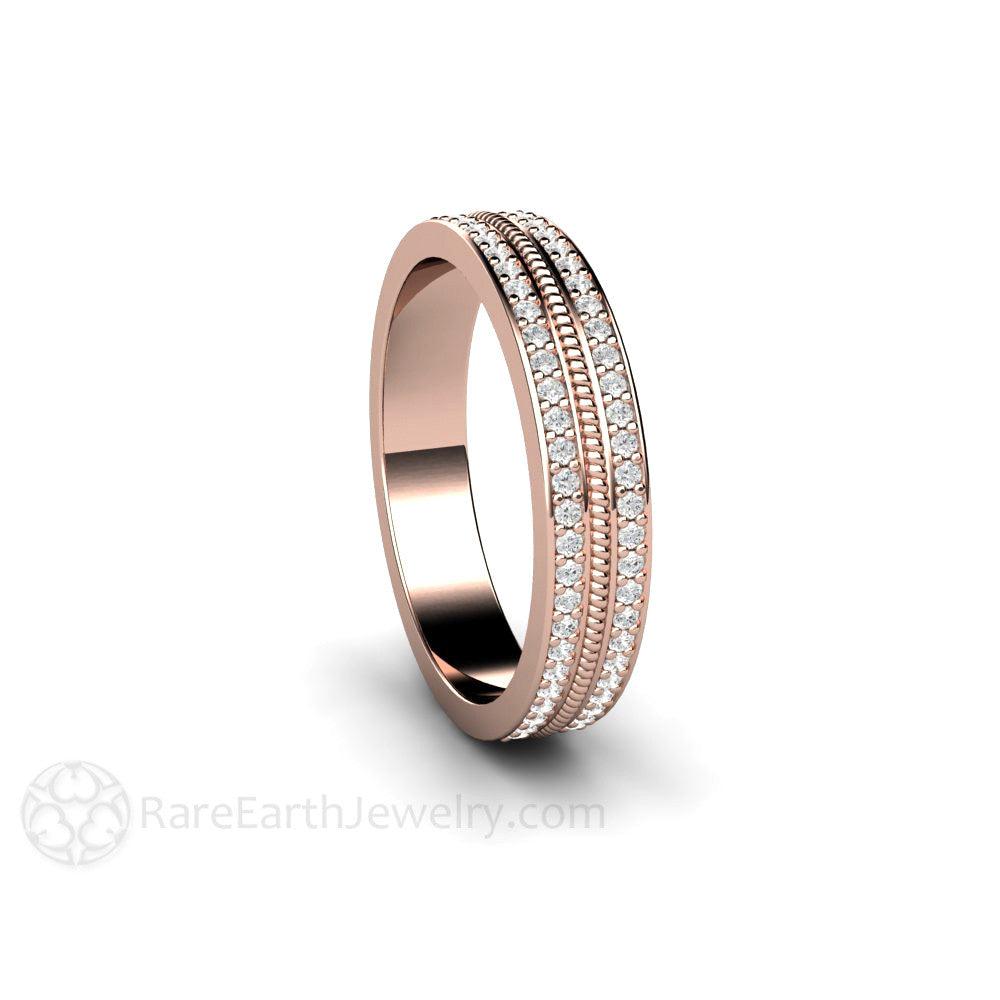 Double Diamond Wedding Band | Two Rows of Pave Set Diamonds 4mm Width, Rare Earth Jewelry