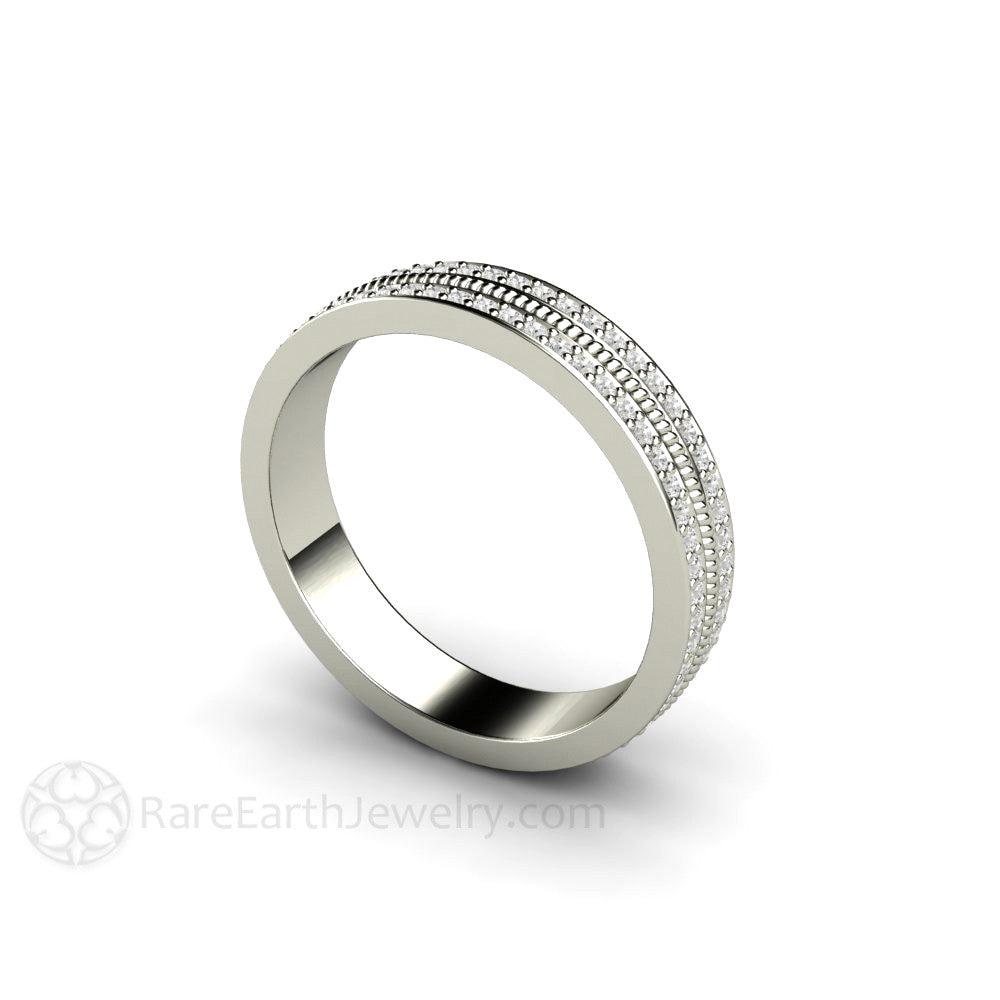 Double Diamond Wedding Band | Two Rows of Pave Set Diamonds 4mm Width, Rare Earth Jewelry