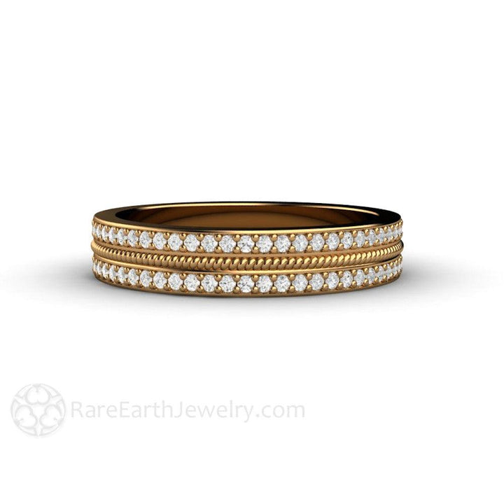 Double Diamond Wedding Band | Two Rows of Pave Set Diamonds 4mm Width, Rare Earth Jewelry