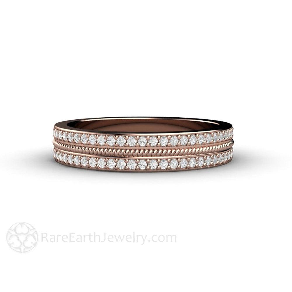Double Diamond Wedding Band | Two Rows of Pave Set Diamonds 4mm Width, Rare Earth Jewelry