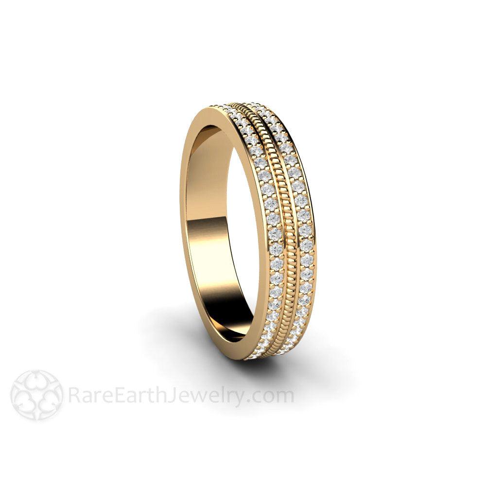 Double Diamond Wedding Band | Two Rows of Pave Set Diamonds 4mm Width, Rare Earth Jewelry