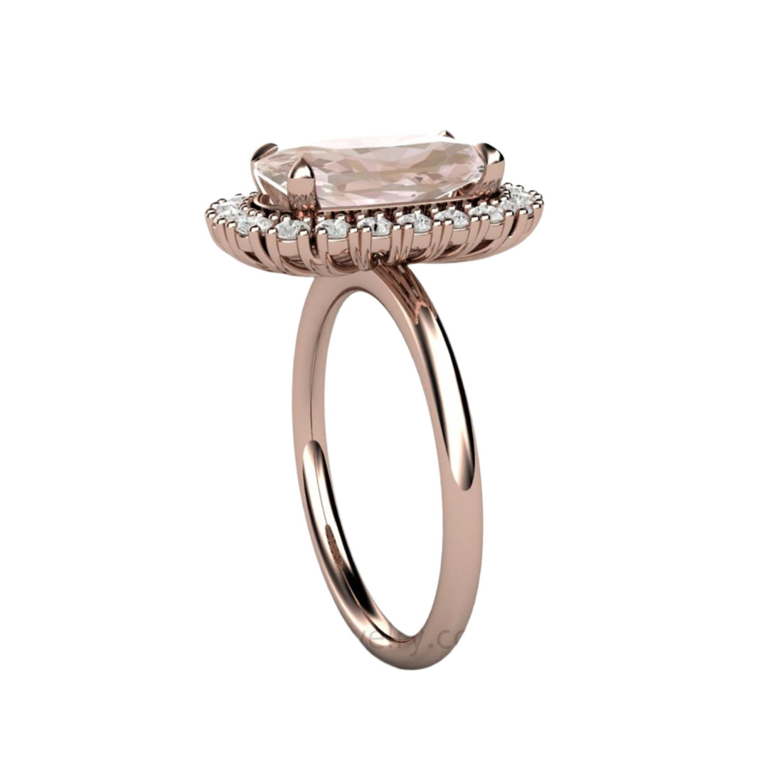 Elongated Cushion Cut Morganite Engagement Ring with Diamond Halo | 2ct Peach Morganite Ring, Rare Earth Jewelry