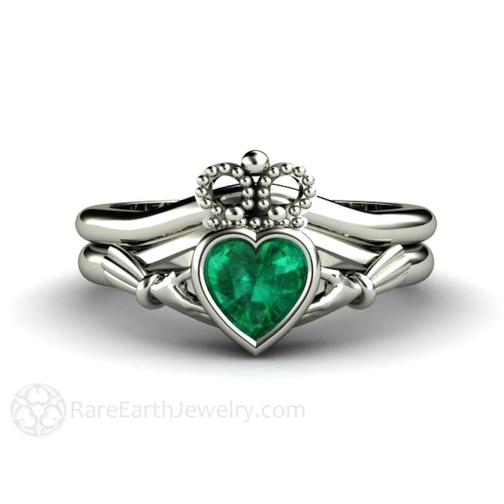 Emerald Claddagh Ring Irish Engagement Ring Celtic Jewelry, Rare Earth Jewelry