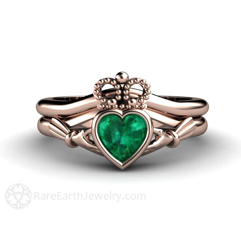 Emerald Claddagh Ring Irish Engagement Ring Celtic Jewelry, Rare Earth Jewelry