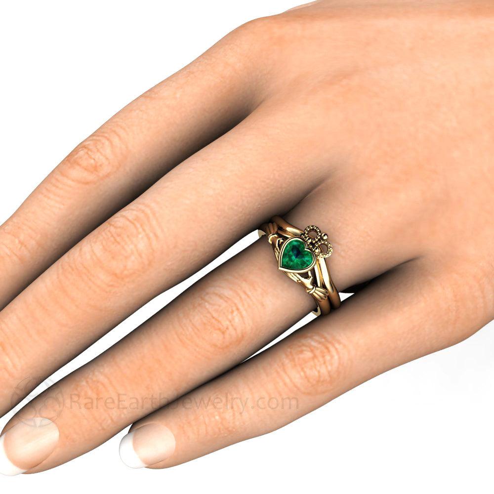Emerald Claddagh Ring Irish Engagement Ring Celtic Jewelry, Rare Earth Jewelry