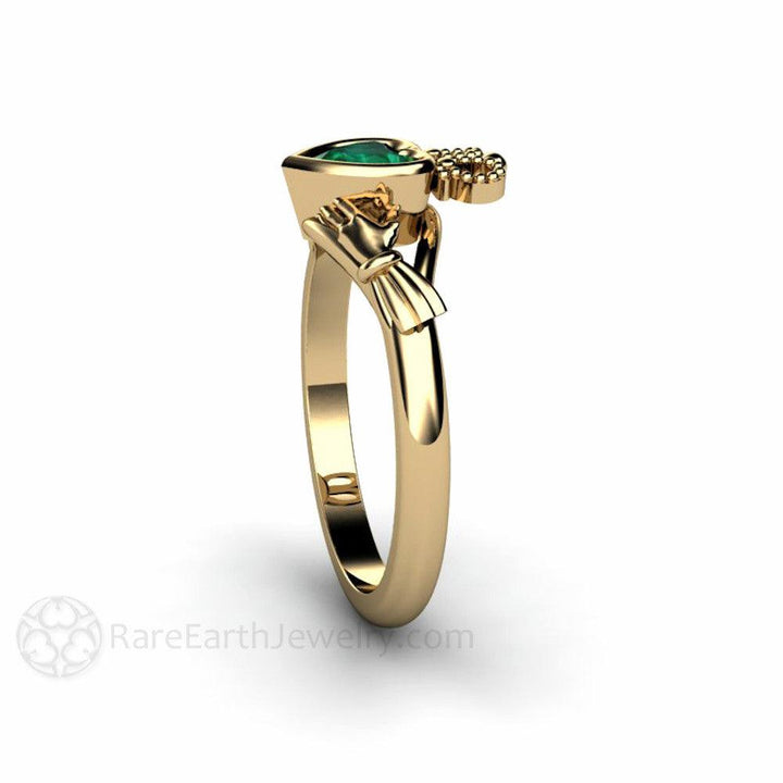 Emerald Claddagh Ring Irish Engagement Ring Celtic Jewelry, Rare Earth Jewelry