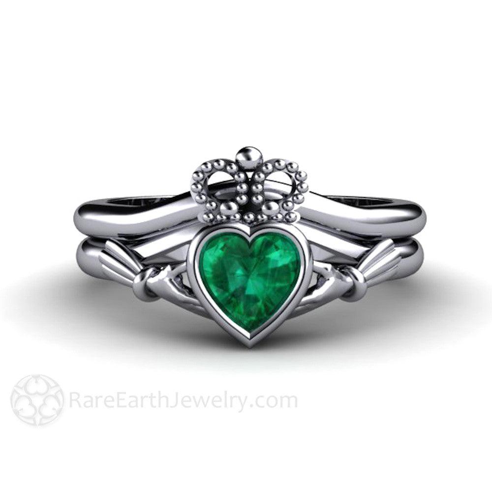 Emerald Claddagh Ring Irish Engagement Ring Celtic Jewelry, Rare Earth Jewelry