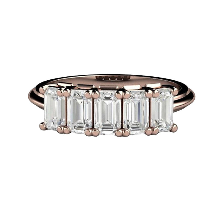 Emerald Cut White Sapphire Ring 5 Stone Anniversary Band, Rare Earth Jewelry