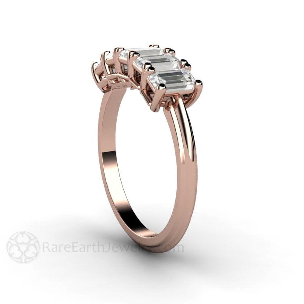 Emerald Cut White Sapphire Ring 5 Stone Anniversary Band, Rare Earth Jewelry
