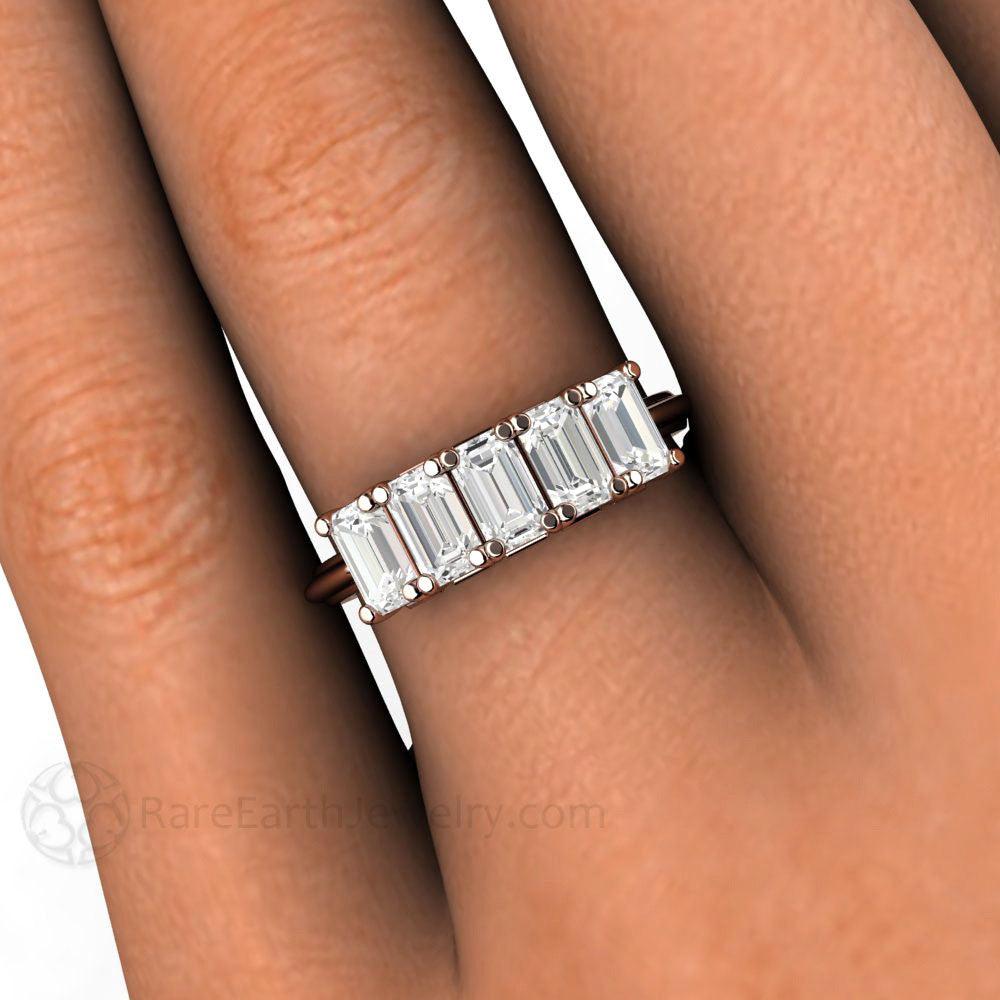 Emerald Cut White Sapphire Ring 5 Stone Anniversary Band, Rare Earth Jewelry
