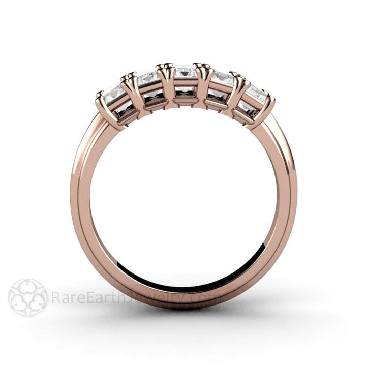 Emerald Cut White Sapphire Ring 5 Stone Anniversary Band, Rare Earth Jewelry