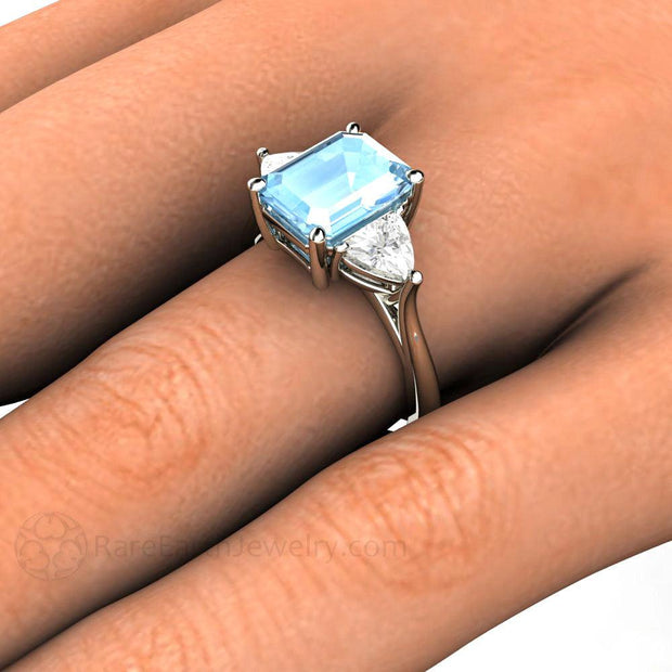 Emerald Cut Aquamarine Ring 3 Stone Engagement with Trillions Platinum - Rare Earth Jewelry