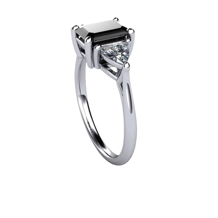 Black Diamond Engagement Ring 3 Stone with Diamond Trillions, Rare Earth Jewelry