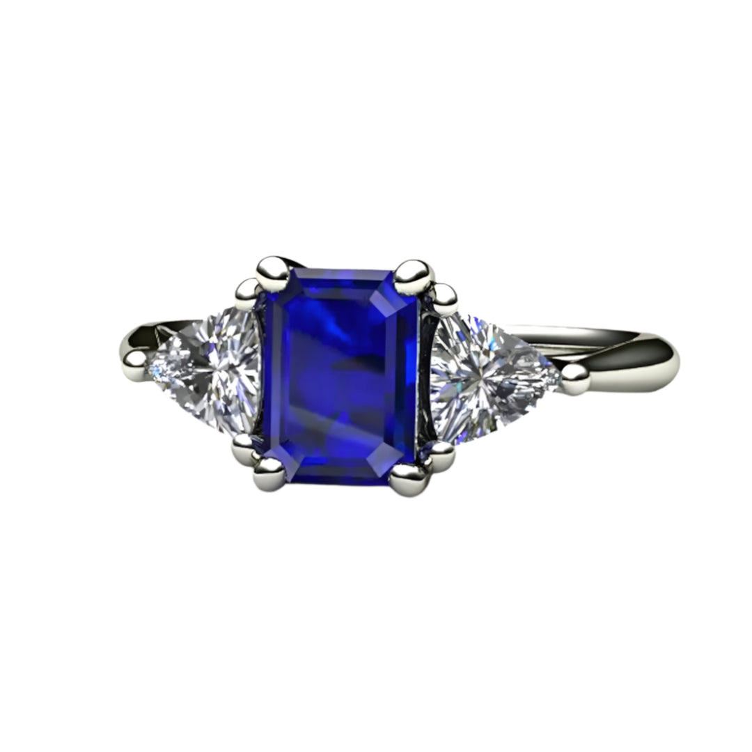Emerald Cut Blue Sapphire Engagement Ring | 3 Stone Ring with White Sapphire Trillions, Rare Earth Jewelry
