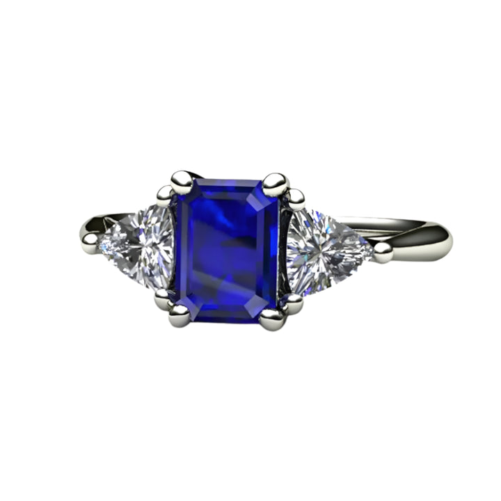 Emerald Cut Blue Sapphire Engagement Ring | 3 Stone Ring with White Sapphire Trillions, Rare Earth Jewelry