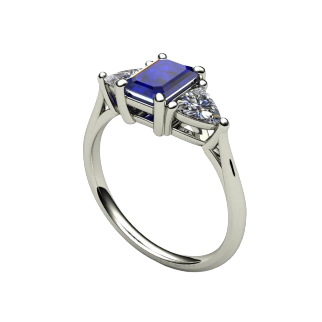 Emerald Cut Blue Sapphire Engagement Ring | 3 Stone Ring with White Sapphire Trillions, Rare Earth Jewelry