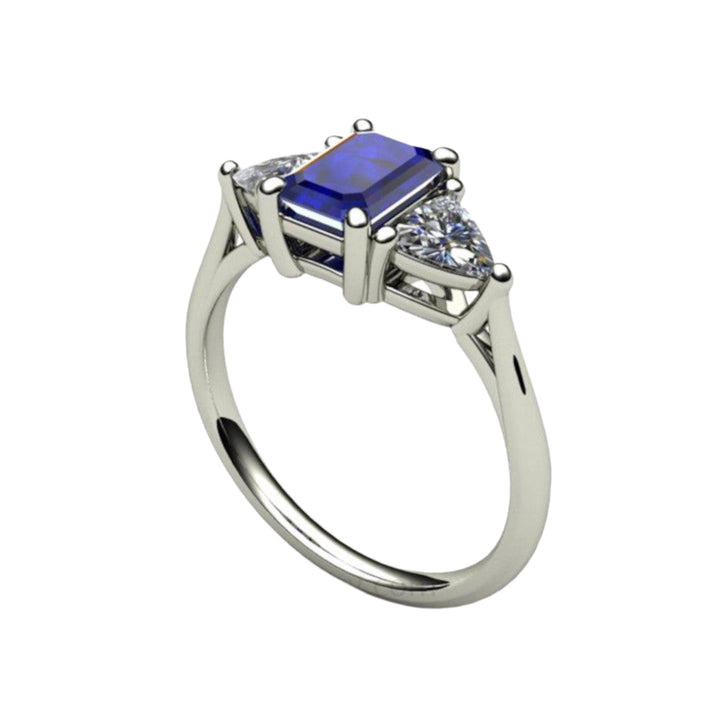 Emerald Cut Blue Sapphire Engagement Ring | 3 Stone Ring with White Sapphire Trillions, Rare Earth Jewelry