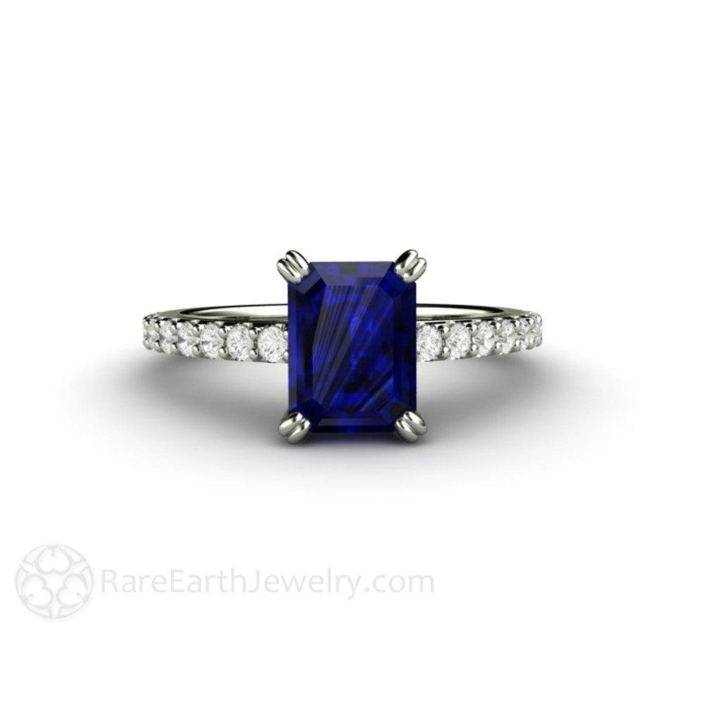Blue Sapphire Engagement Ring Emerald Cut Solitaire Diamond Accented, Rare Earth Jewelry