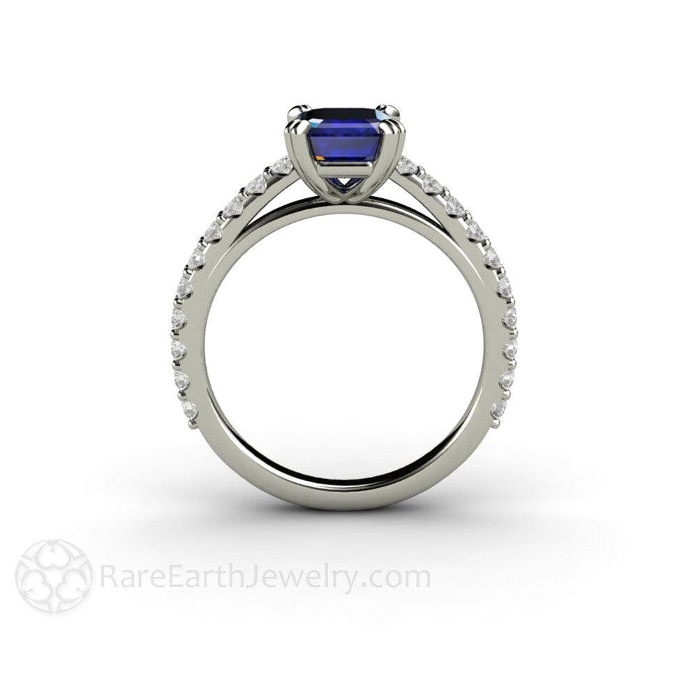 Blue Sapphire Engagement Ring Emerald Cut Solitaire Diamond Accented, Rare Earth Jewelry